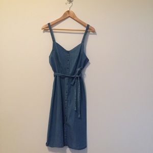 Chambray Apron Button Front Midi Dress Tie Belt